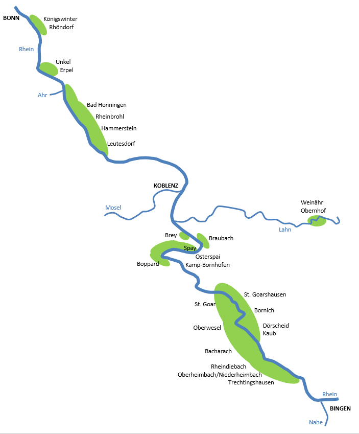 Rebflächen am Mittelrhein, Übersicht. Eigene Erstellung | © Mittelrhein-Wein e. V.